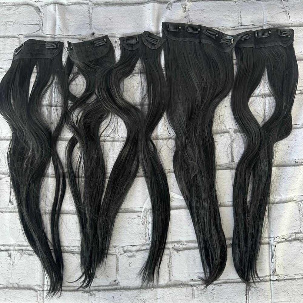 6 Piece Clip In Hair Extensions Black 20" Synthetic Hair